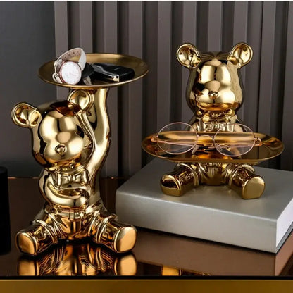 Modern gold ceramic electroplating bear tray with polished metallic finish and circular platforms for living room decoration