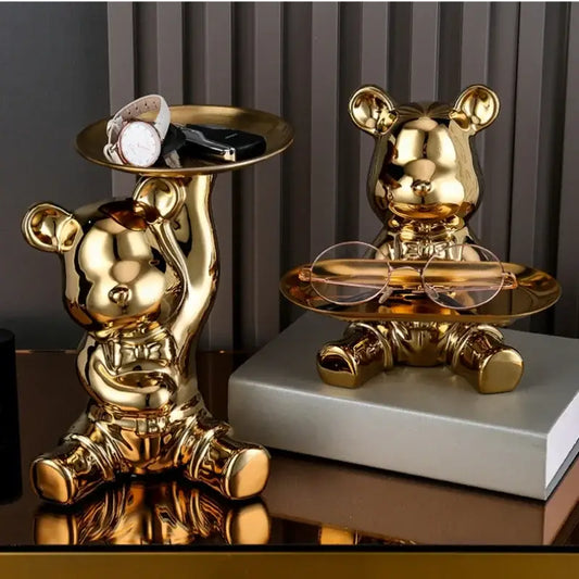 Modern gold ceramic electroplating bear tray with polished metallic finish and circular platforms for living room decoration