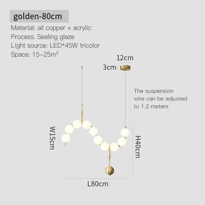 Golden 80cm modern chandelier light fixture with copper and acrylic design featuring spherical bulbs in zigzag pattern