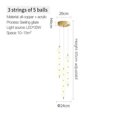 Modern chandelier light fixture with three strings of frosted acrylic balls suspended from a copper base