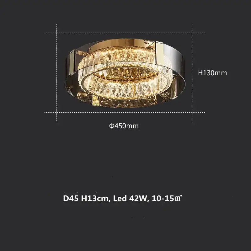 Modern gold and chrome crystal led ceiling lamp featuring two concentric rings of faceted crystal decorbites crystal led