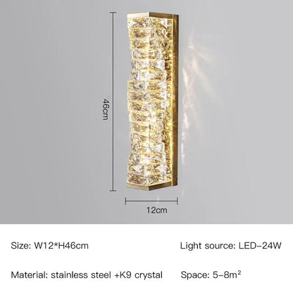 Modern gold and chrome crystal wall lamp with vertical k9 crystals set in stainless steel for bedroom decorbites crystal wall sconce