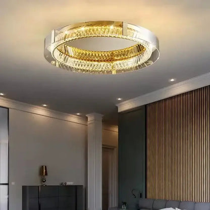 Modern gold and chrome elegant crystal led ceiling light with faceted crystals in polished chrome for living room decorbites