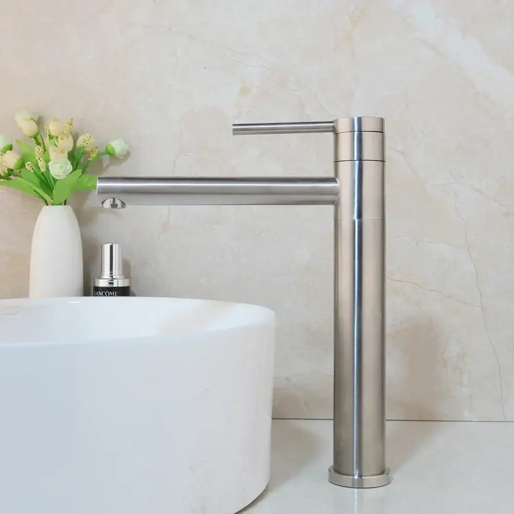 Modern brushed stainless steel basin faucet with single handle and sleek tall design for decorbites gold plated bathroom mixer
