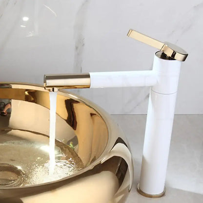 Modern white and gold basin faucet with single handle design featuring decorbites gold plated finish for bathroom use