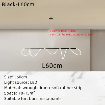 Black led pendant light with wavy wrought iron and rubber strip design for modern decorbites circle note linear use