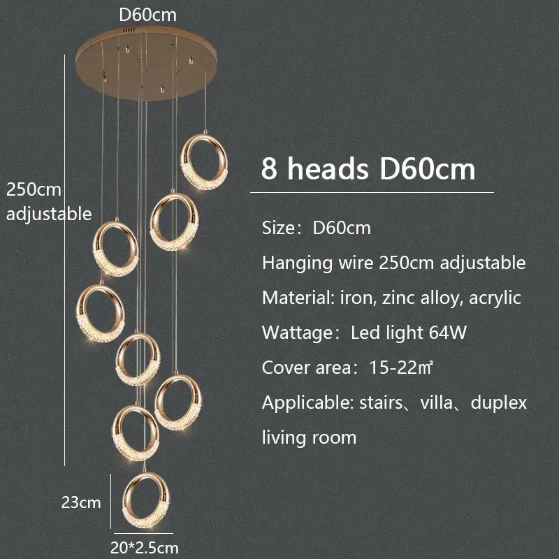 Modern gold circle ring led chandelier with eight illuminated rings suspended from round ceiling mount for living room decorbites circle ring