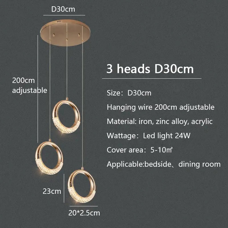 Modern gold circle ring led chandelier with three hanging rings crafted from iron and zinc alloy for living room decorbites circle ring