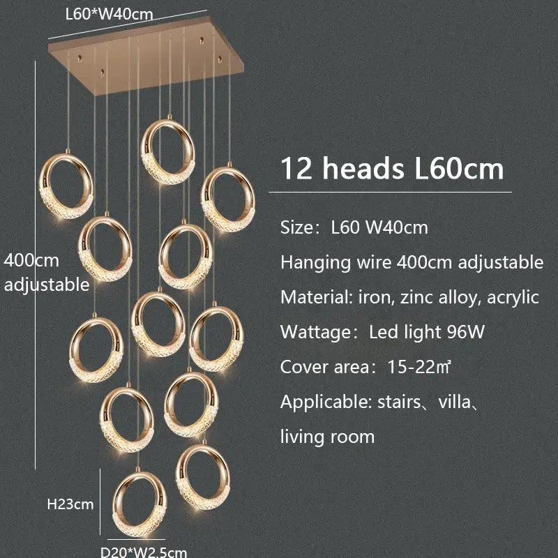 Modern gold circle ring led chandelier with 12 circular light heads suspended from a square iron base for living room decorbites circle ring