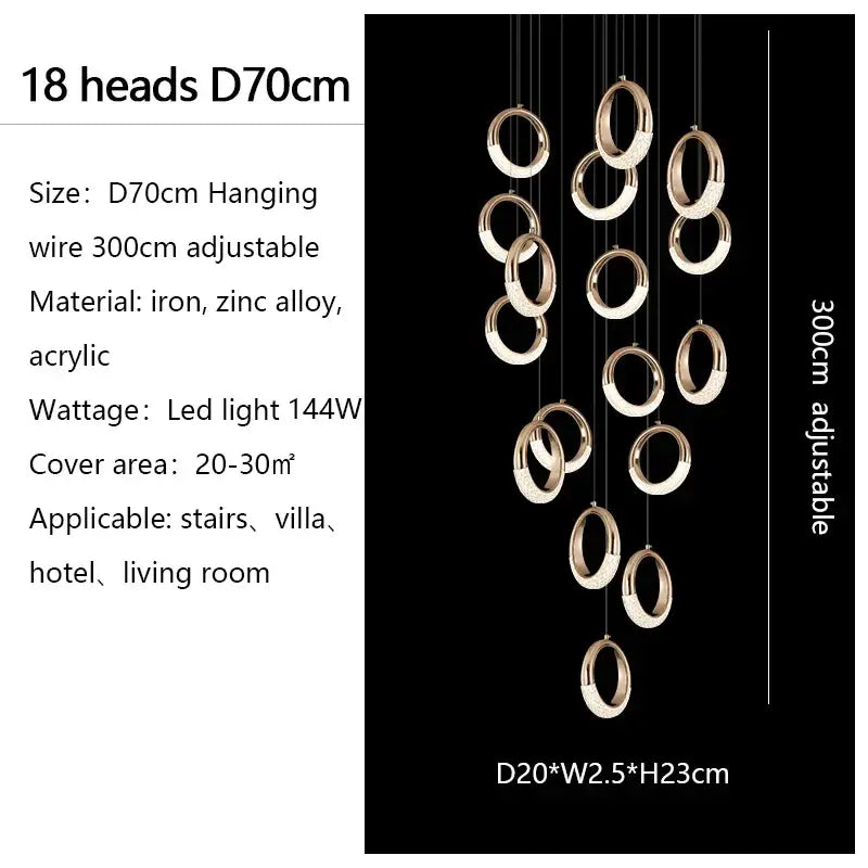 Modern gold circle ring led chandelier with 18 metallic gold rings crafted from iron and zinc alloy for living room decorbites circle ring