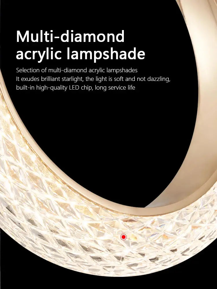 Modern gold circle ring led chandelier with a curved acrylic lampshade featuring a multi-diamond pattern for starlight diffusion