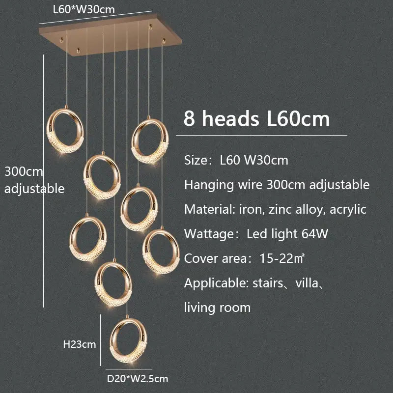 Modern gold circle ring led chandelier with eight circular light heads and iron zinc alloy ceiling mount for living room decorbites circle ring