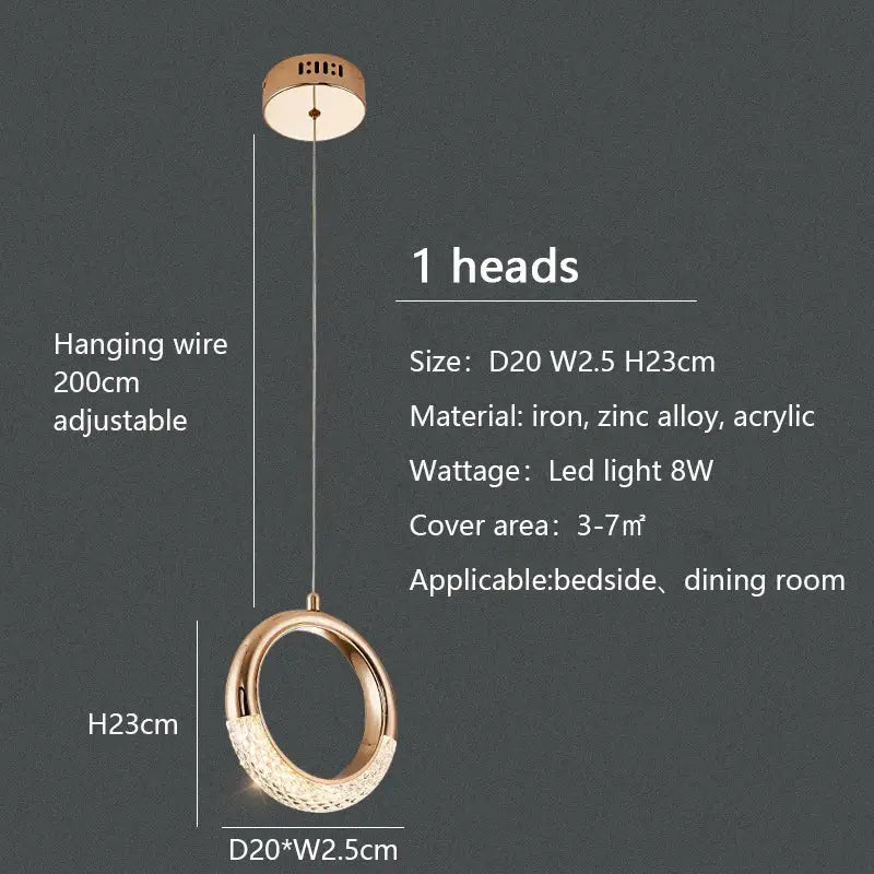 Modern gold circle ring led chandelier with textured crystal lower half in iron-zinc alloy acrylic decorbites circle ring