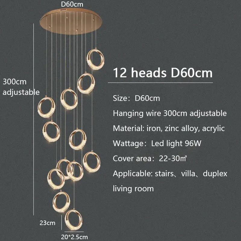 Modern gold circle ring LED chandelier with 12 hanging rings made of iron, zinc alloy, and acrylic for living room decorbites circle ring