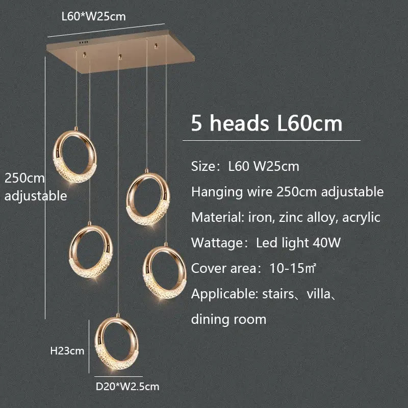 Modern gold circle ring led chandelier with five hanging rings for living room decorbites circle ring pendant