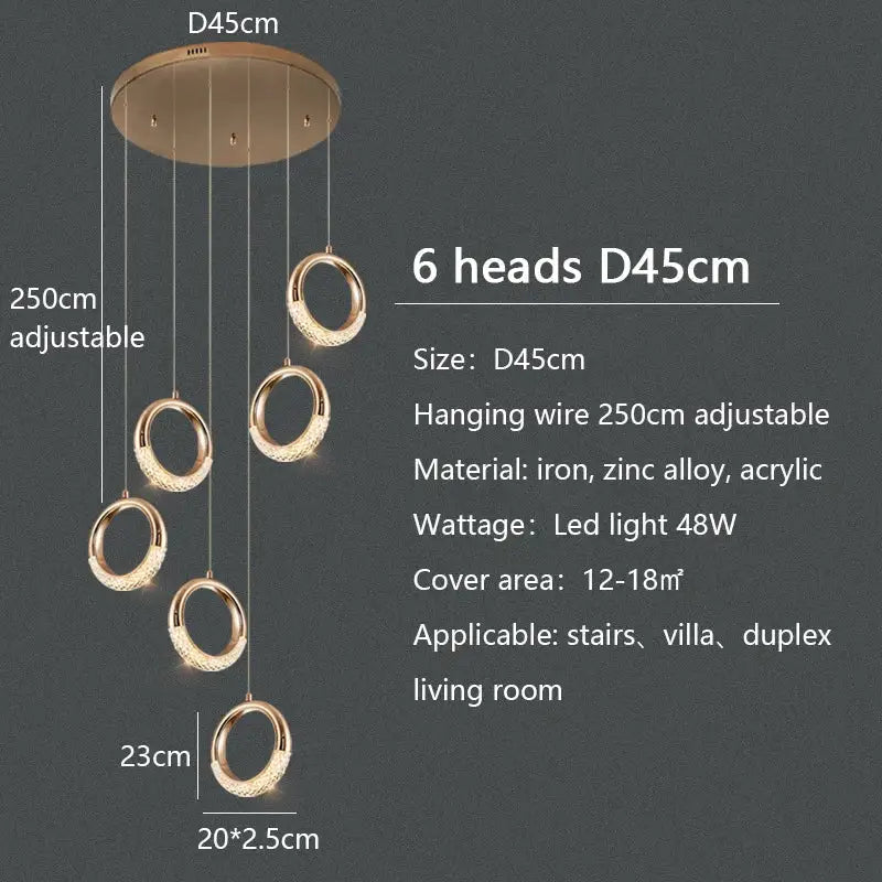 Modern gold circle ring led chandelier with six hanging rings made of iron zinc alloy and acrylic for living room decorbites circle ring