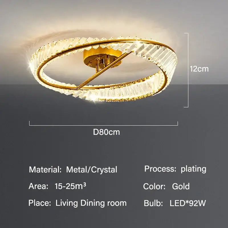 Modern gold circular crystal led ceiling light with two concentric rings and faceted crystals for dining room decorbites crystal led
