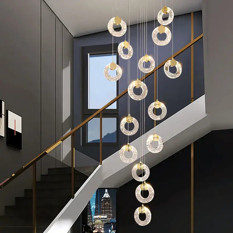 A modern gold circular crystal led chandelier with multiple crystal-encrusted light fixtures for living room decorbites circular crystal lighting