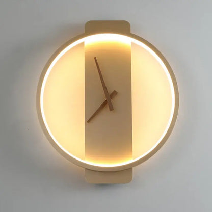 Modern gold circular led wall lamp wall clock with warm led ring and minimalist wooden hands and frame