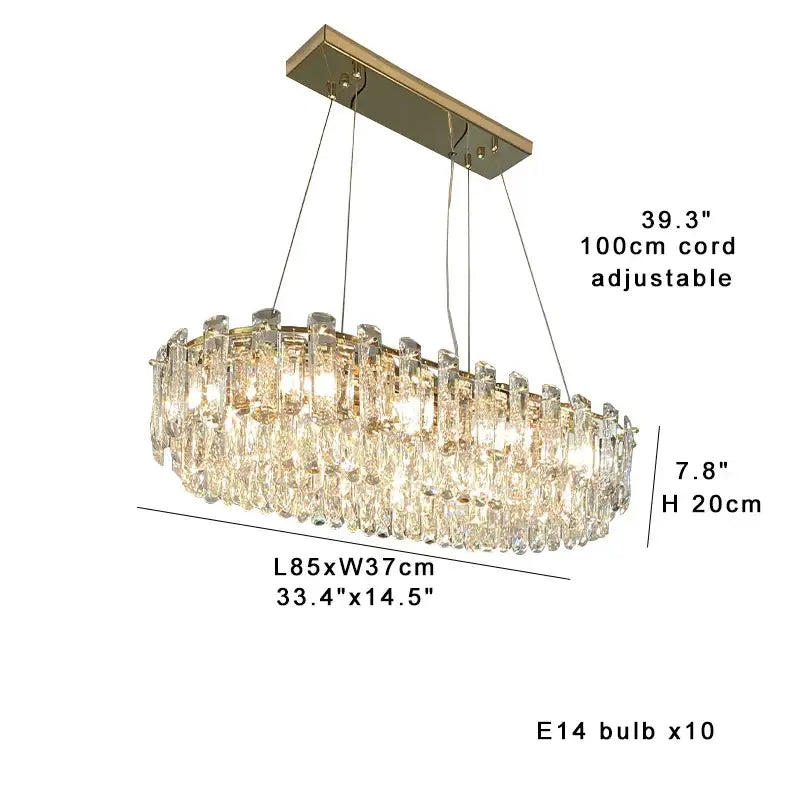 Modern gold clear crystal oval chandelier with ten e14 bulbs and cascading clear crystal droplets for dining room decorbites clear crystal
