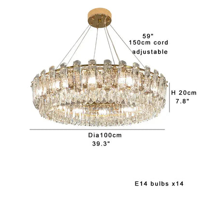 Modern gold clear crystal oval chandelier with 14 e14 bulbs featuring tiers of clear crystal prisms for dining room decorbites clear crystal lighting