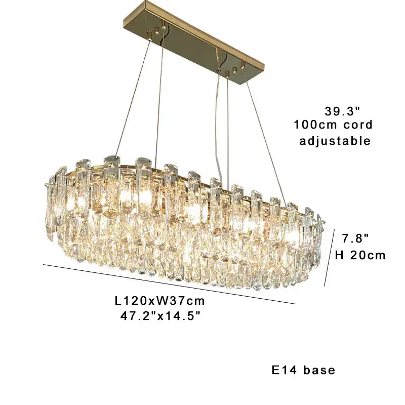 Modern gold clear crystal oval chandelier with metal frame and adjustable 100cm cord by decorbites clear crystal