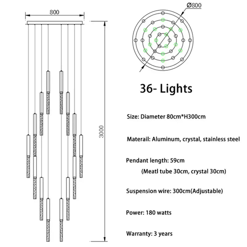 Modern gold and clear decorbites crystal led chandelier with 36 lights, circular aluminum frame, and stainless steel accents