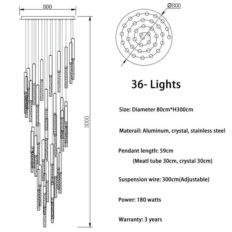 A modern gold decorbites crystal led chandelier with 36 lights, circular aluminum frame, and stainless steel components