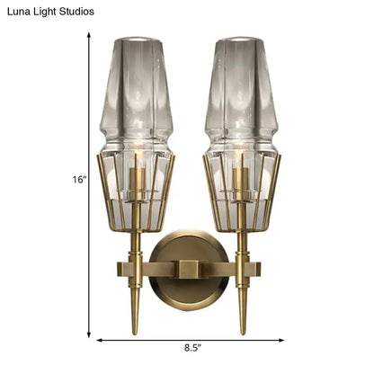 Modern gold clear glass wall lamp with brass finish, two frosted glass shades, and geometric cage suitable for 110v-120v 220v-240v