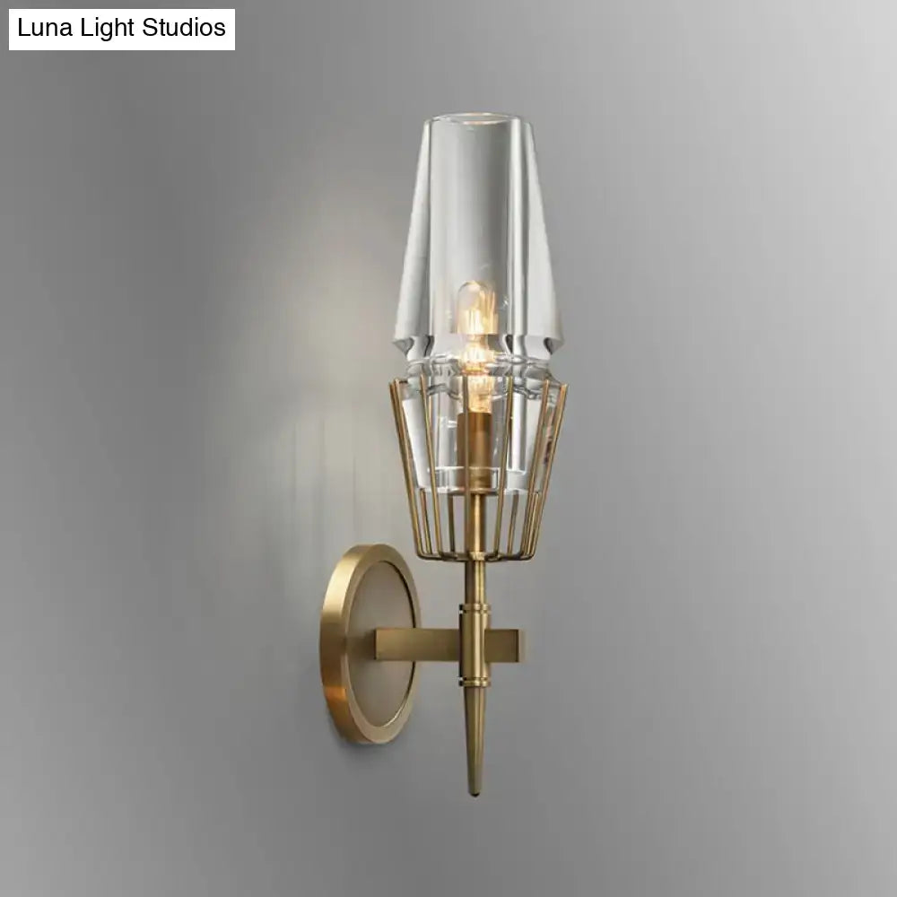 Modern gold wall lamp with clear glass shade and brass wire cage design suitable for 110v-120v and 220v-240v use