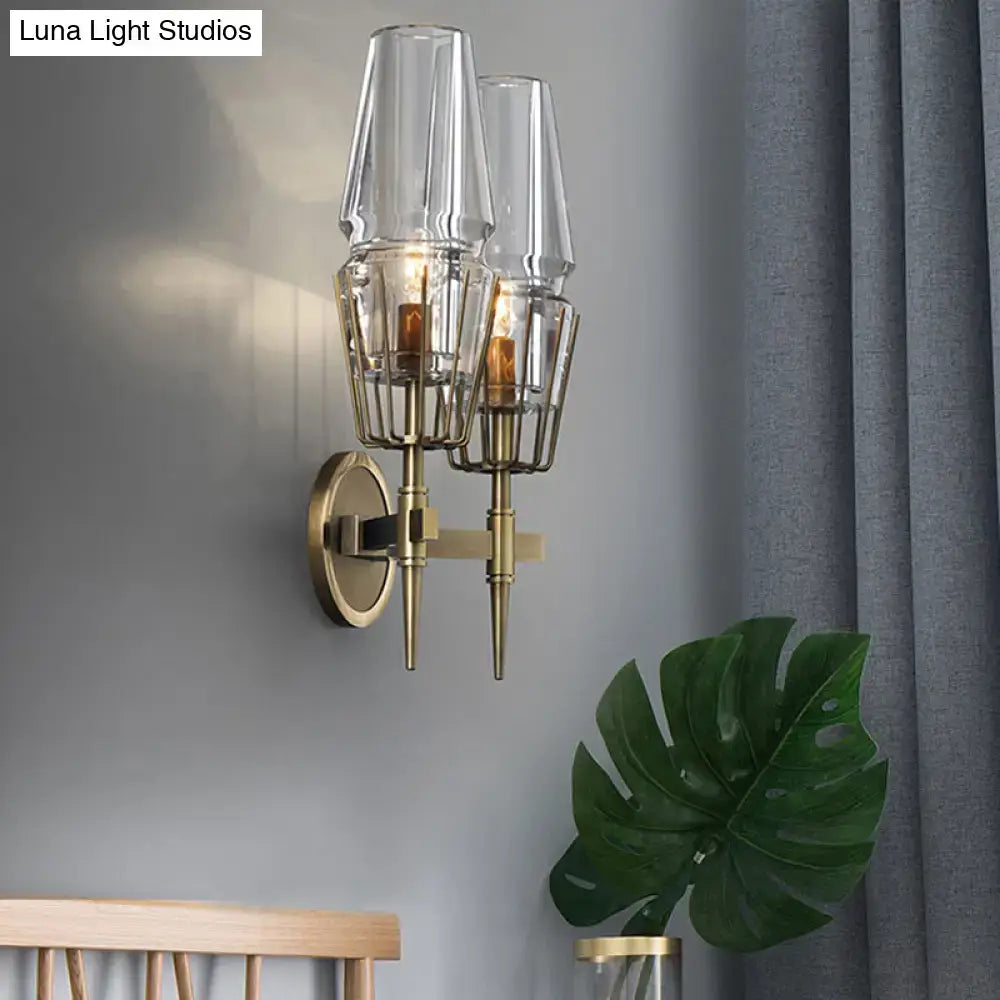 Modern gold wall lamp with brass finish clear glass shades and cage metal frames for bedroom 110v-120v 220v-240v use