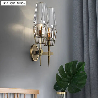 Modern gold wall lamp with brass finish clear glass shades and cage metal frames for bedroom 110v-120v 220v-240v use