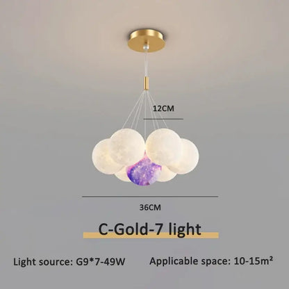 Modern gold cloud bubble ball pendant lights with six white textured orbs and one purple galaxy orb for dining room decorbites bubble ball led