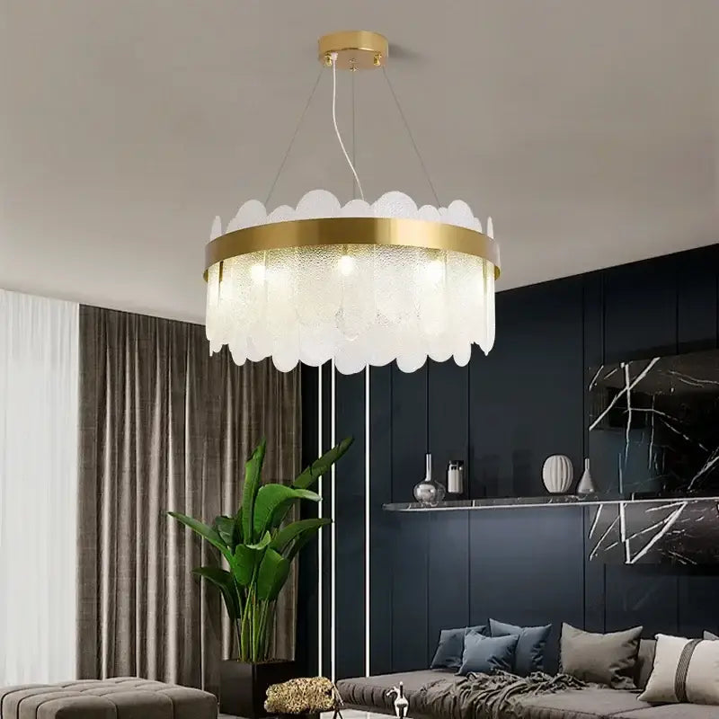 Modern gold cloud crystal led chandelier with frosted glass petals for elegant living room decorbites crystal led lighting