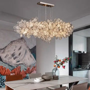 Modern gold cloud led ceiling chandelier featuring intricate circular glass elements suspended from a metal frame