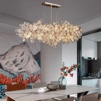 Modern gold cloud led ceiling chandelier featuring intricate circular glass elements suspended from a metal frame