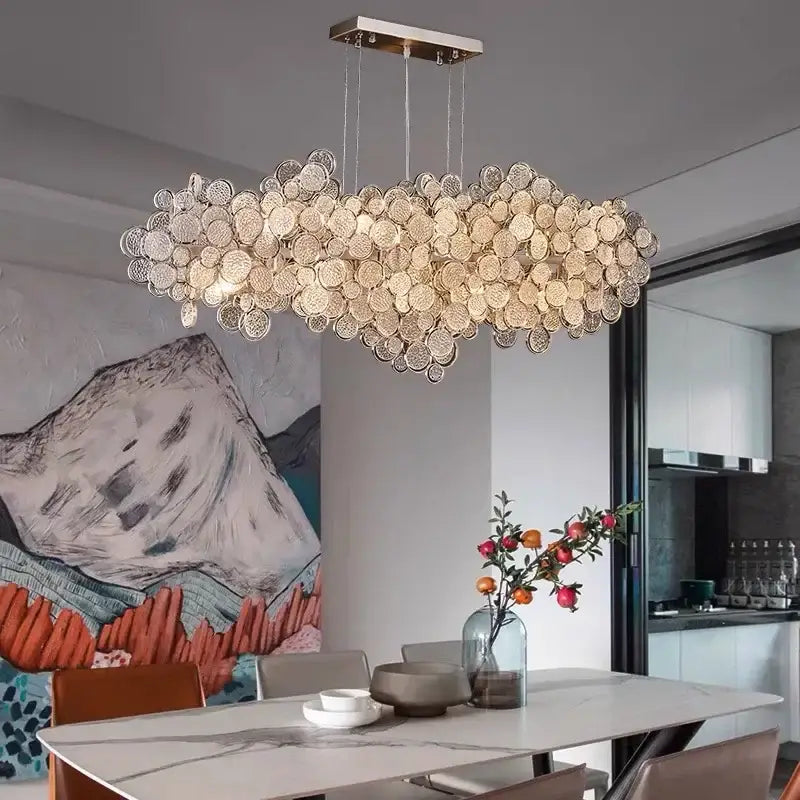 Modern gold cloud led ceiling chandelier featuring intricate circular glass elements suspended from a metal frame