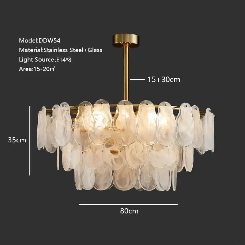 Brass-finished modern gold cloudy glass chandelier with cascading translucent teardrop shades for living room lighting decorbites cloudy glass