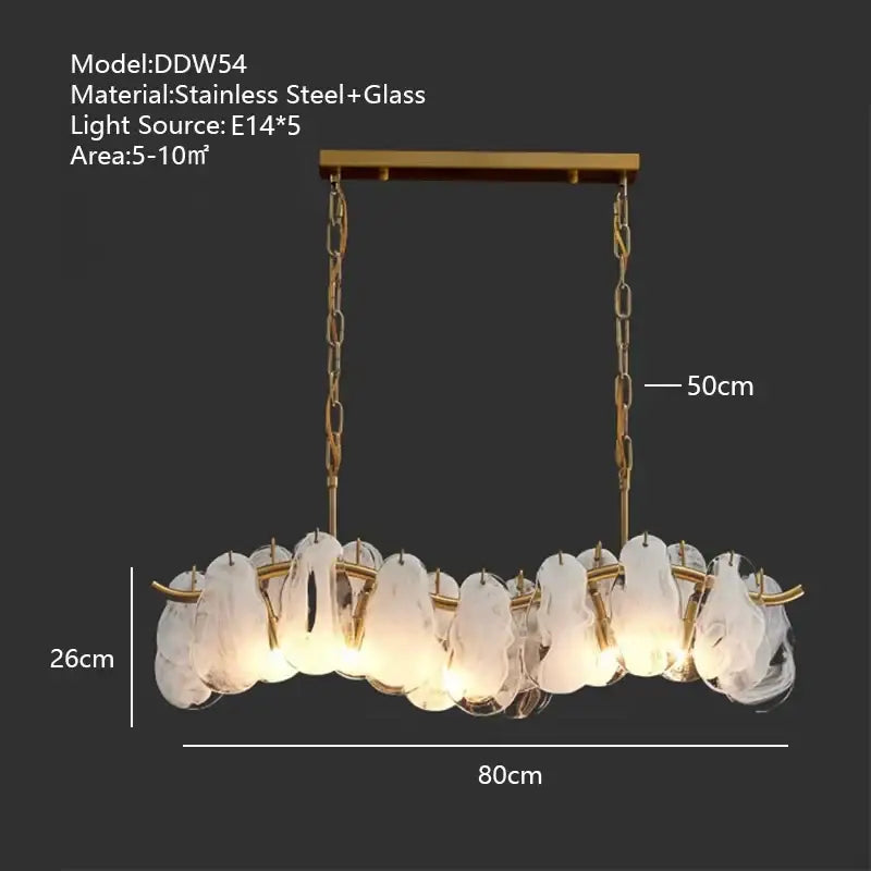 Modern gold cloudy glass chandelier with frosted leaf-shaped shades and stainless steel chains for living room decorbites cloudy glass