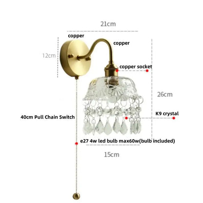 Modern gold conch shell wall light fixture with antique brass copper and clear k9 crystal shade for bedroom use