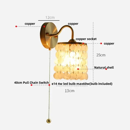 Modern gold conch shell wall light fixture with copper finish and natural shell discs for bedroom wall light fixture