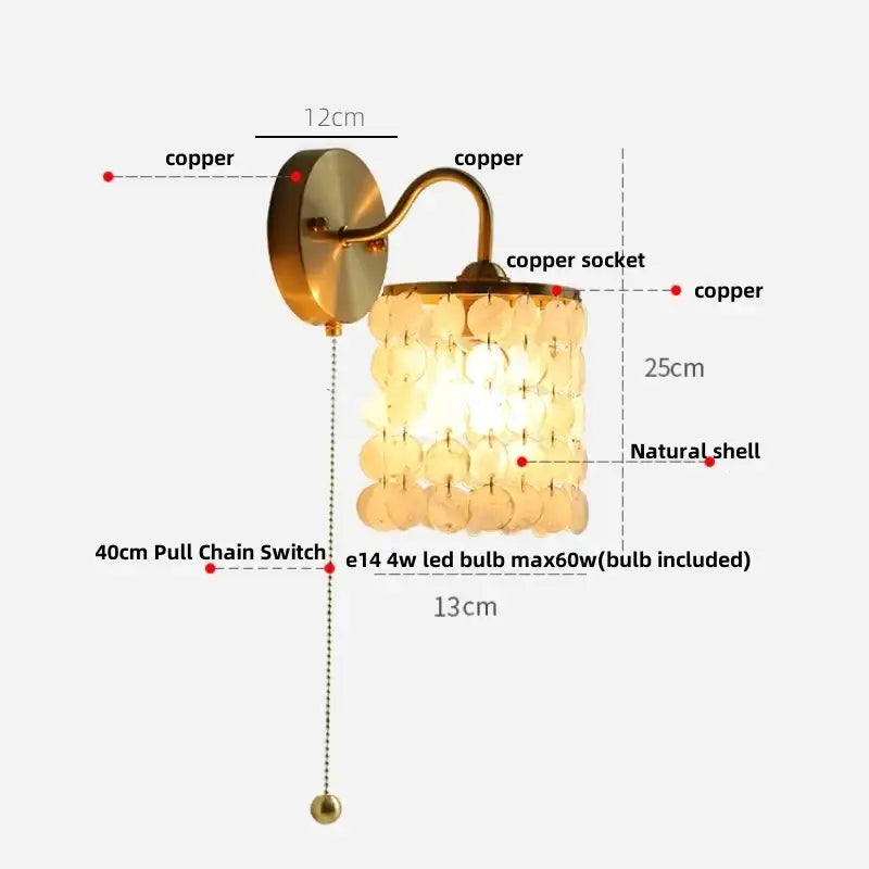 Modern gold conch shell wall light fixture with copper finish and natural shell discs for bedroom wall light fixture