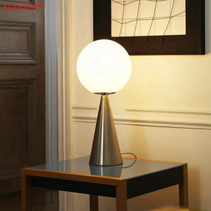 Modern gold cone glass table lamp with frosted white globe shade and brushed metallic base for bedroom decorbites cone glass