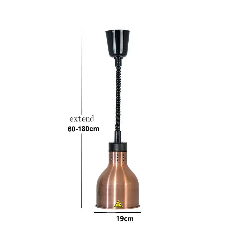 Copper heat lamp pendant light with black flexible gooseneck and adjustable height 250w electric heat for kitchen use