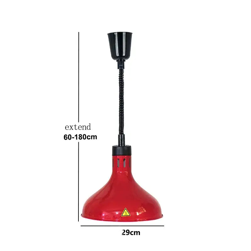 Red industrial-style 250w electric heat lamp with black flexible gooseneck and adjustable height pendant light
