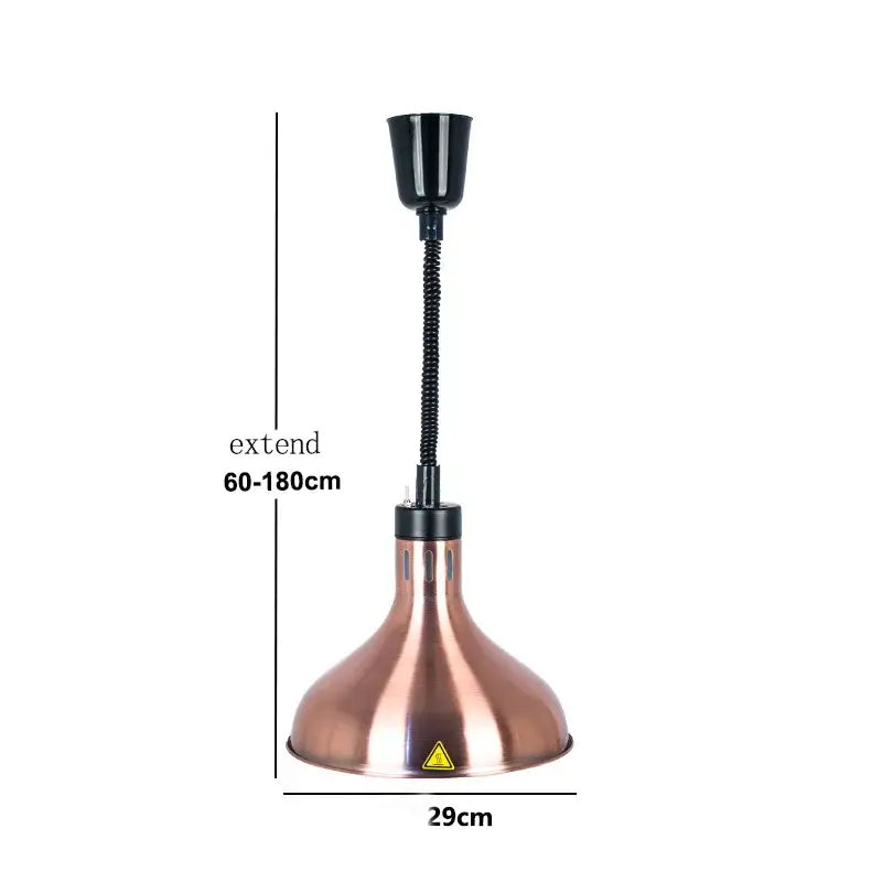 Copper-colored industrial heat lamp pendant light with black flexible gooseneck and adjustable height 250w electric heat