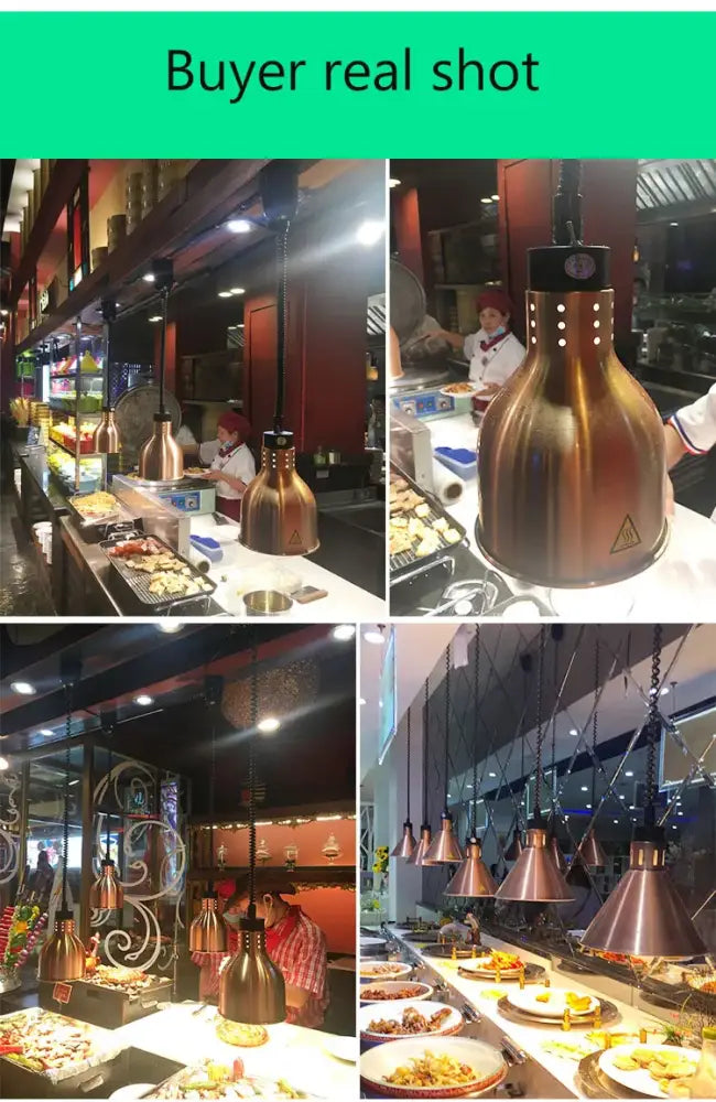 Copper-colored dome-shaped modern pendant light heat lamp with perforated top and black hanging chain 250w electric heat