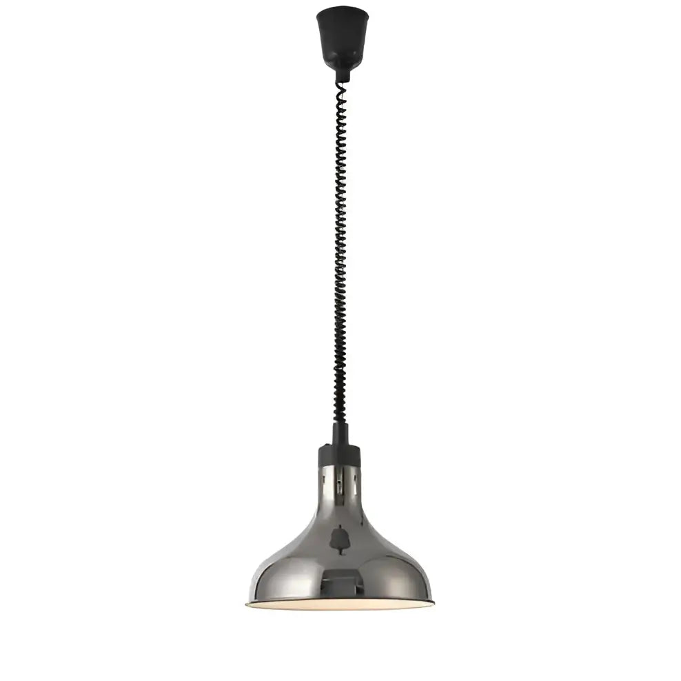 Chrome-finished industrial pendant light with flexible black coiled cord and bell shade for 250w electric heat lamp use