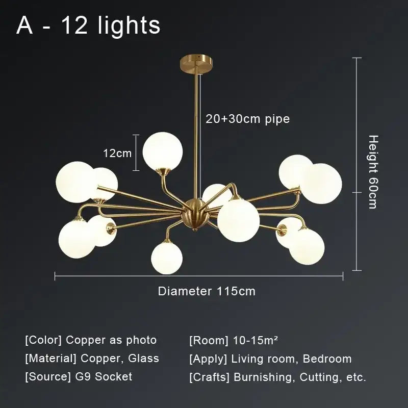 Modern gold copper ceiling chandelier with twelve frosted glass globe lights in a decorbites copper ceiling design