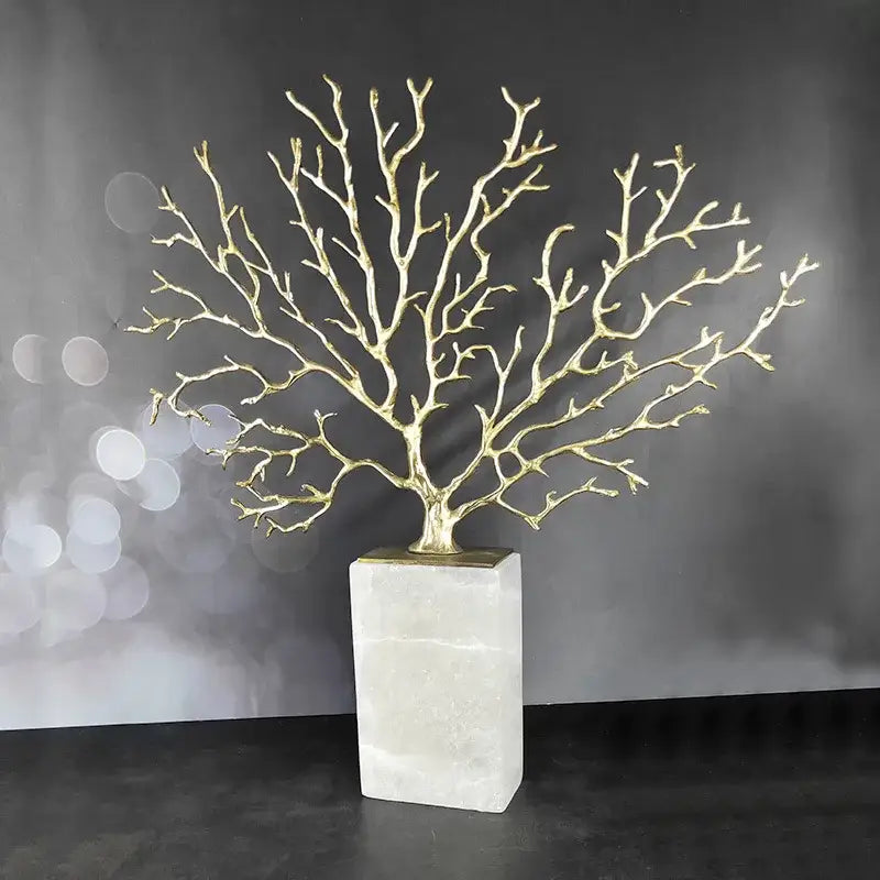 Modern gold coral tree sculpture with golden metallic finish on translucent white marble base decorbites coral tree decor